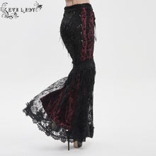Load image into Gallery viewer, ESKT08002 Black and red Sequin-Embellished Mesh and Flocked Floral Mesh Fitted Fishtail Skirt

