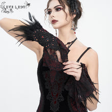 Load image into Gallery viewer, EGE00202 Black and red gothic Flocked rose mesh feather sleeves
