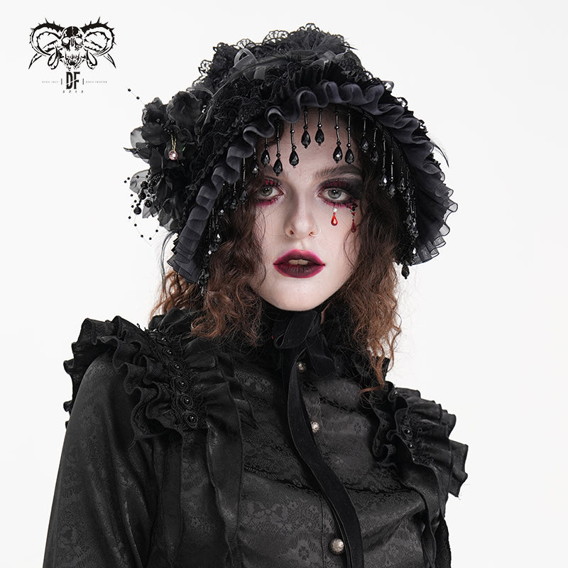AS195 gothic black Lolita lace Big flower tassel half hat