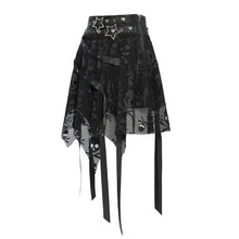 Load image into Gallery viewer, SKT25801 Punk Skull Mesh-Paneled, Snake-Print Faux Leather Micro-Mini Skirt with Multiple Straps
