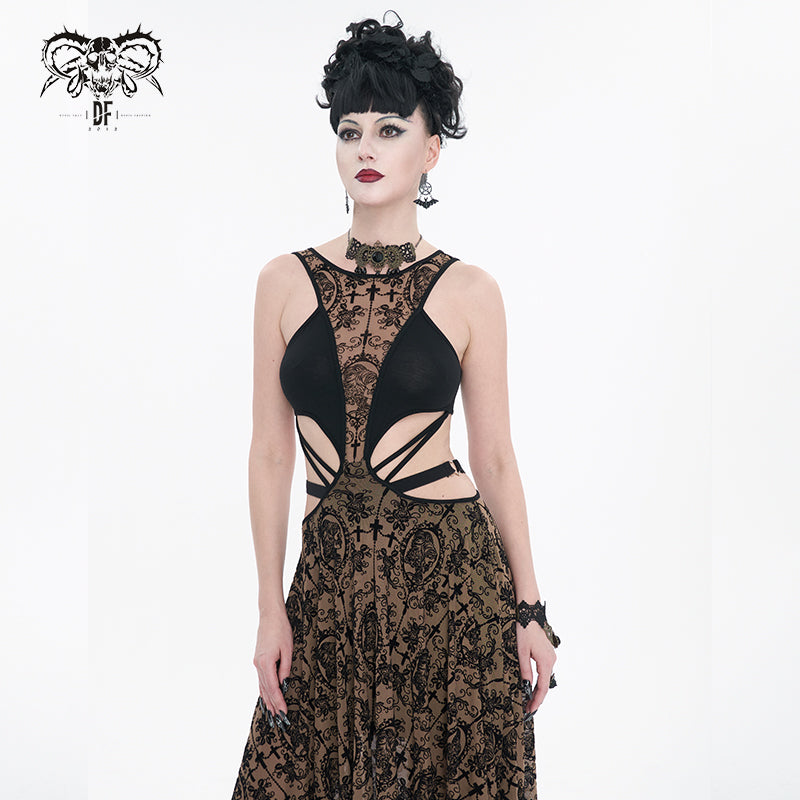 SKT09002 party Queen steampunk semilucent apricot hollow out sleeveless sexy ladies mesh dress