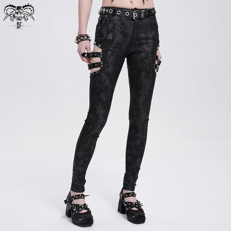 PT273 Side cutout laminated stretchy punk trousers