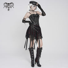 Load image into Gallery viewer, SKT25802 Punk Skull Mesh-Paneled, Snake-Print Faux Leather Micro-Mini Skirt with Multiple Straps
