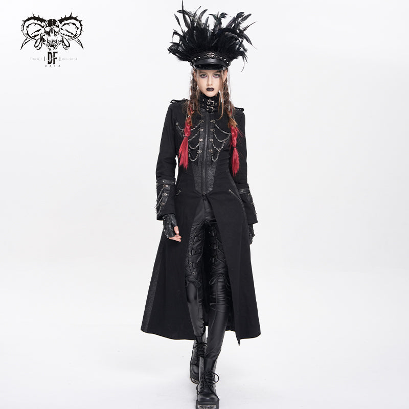 CT267 Thick twill chain-embellished punk long coat