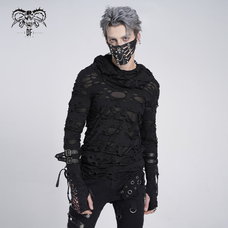 TT084 punk men ripped finger covered autumn hooded black top