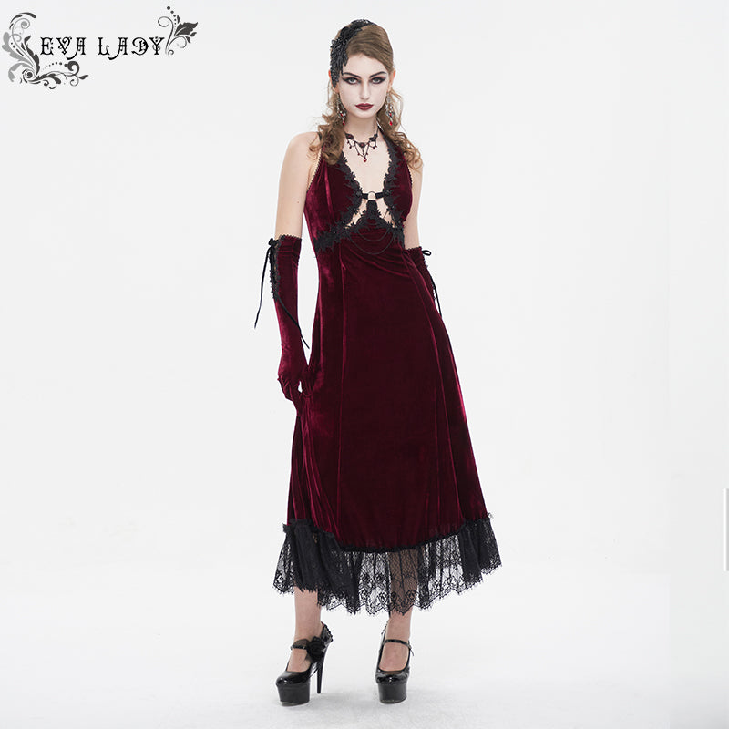 ESKT04302 Red Velvet halterneck strappy dress