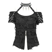 Load image into Gallery viewer, TT291 Ripped knitted halterneck off-shoulder punk T-shirt
