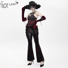 Load image into Gallery viewer, EPT02002 Black and Red Velvet-knit flared trousers with side ruffles

