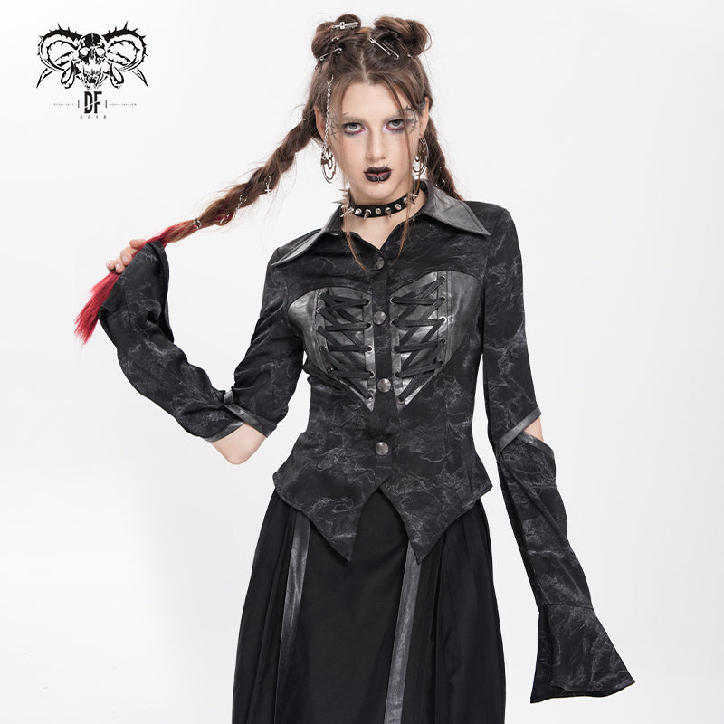 SHT143 Long-sleeved faux leather shirt with random lines patterns