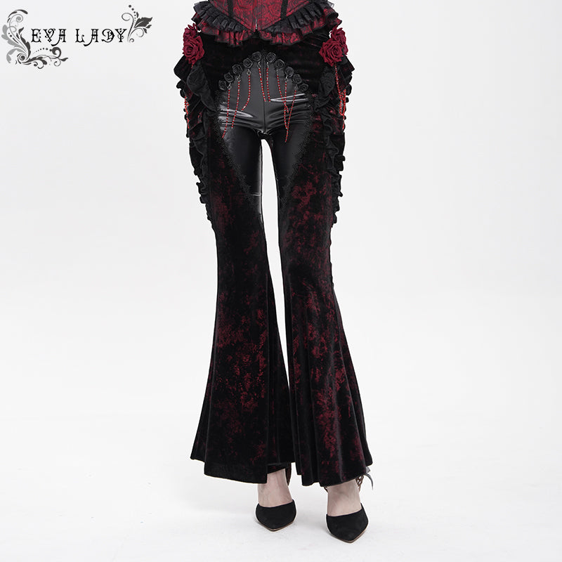 EPT02002 Black and Red Velvet-knit flared trousers with side ruffles