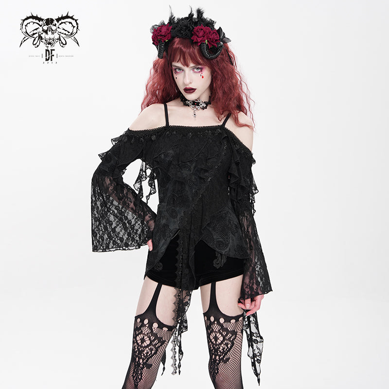 TT298 Tie-dye flocked ruffled Gothic suspender T-shirt
