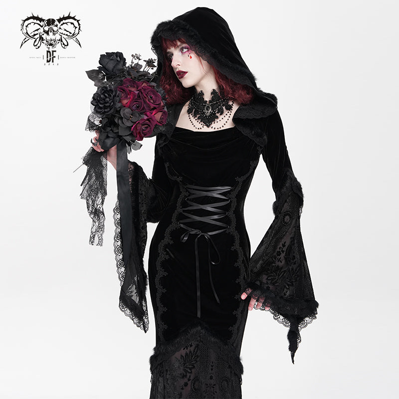 SKT24001 Black Long Trumpet Sleeve Gothic Fishtail Hooded Dress – Devil ...