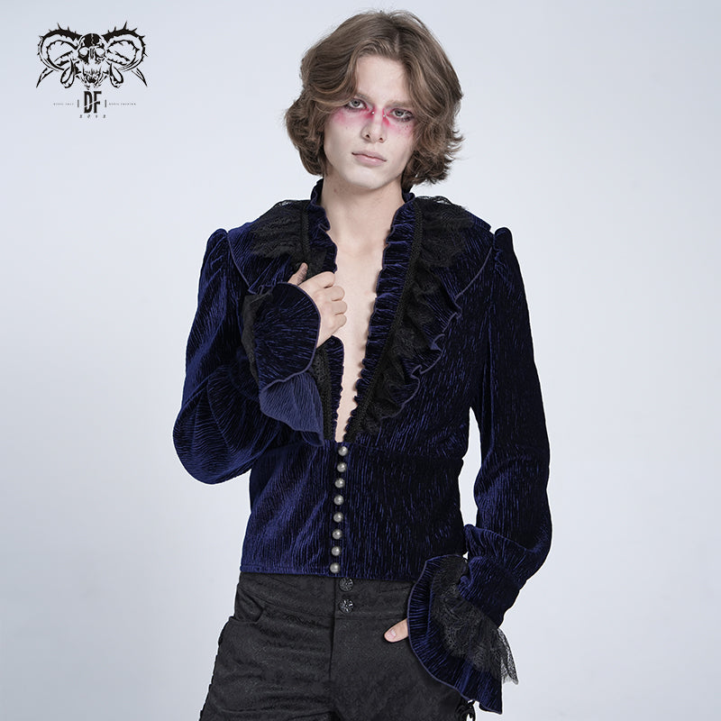 SHT13302 Blue Pleated velvet V-neck shirts