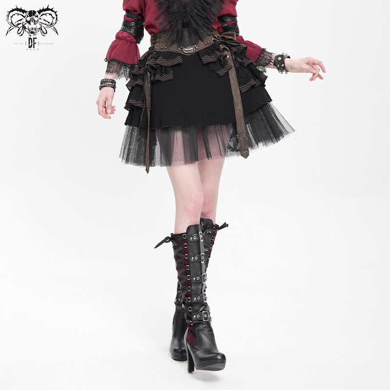 SKT107 Steampunk girls multi-layer wavy edges striped short half skirt with corset