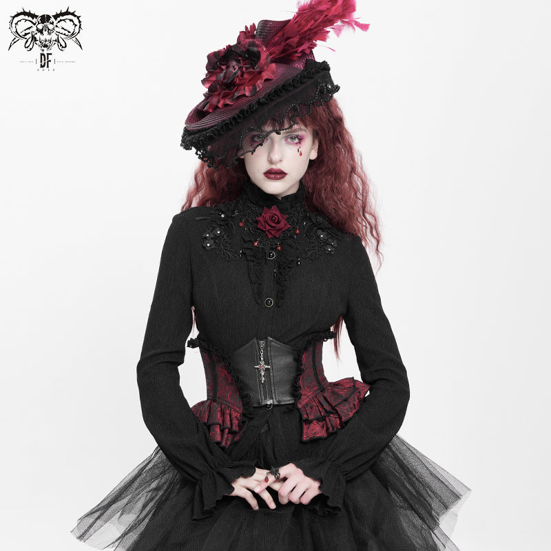 SHT07601 Autumn 3D appliqued shoulder lace stand collar striped black gothic women blouse