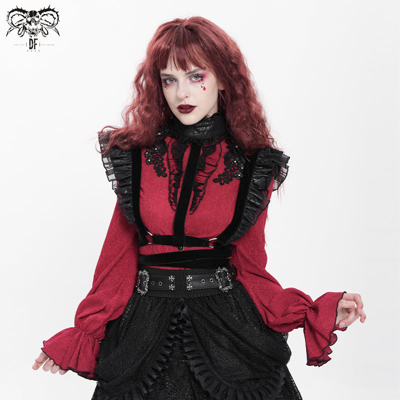 SHT07602 red daily flowers shoulder flared sleeves striped laced up gothic sexy women blouse