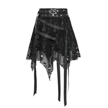 Load image into Gallery viewer, SKT25801 Punk Skull Mesh-Paneled, Snake-Print Faux Leather Micro-Mini Skirt with Multiple Straps
