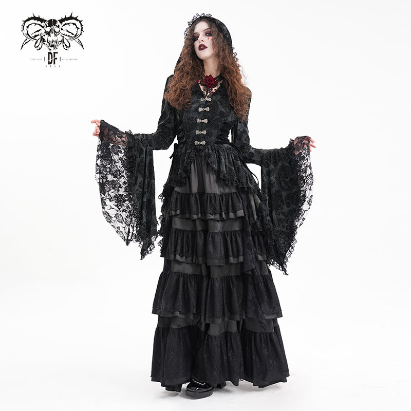 CT246 Gothic Women Flared Sleeves Tie-dyed flocked hooded cardigan jacket