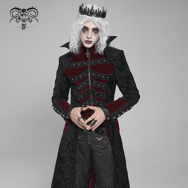 CT27002 Gothic pattern velvet long coat with multiple straps at the center front