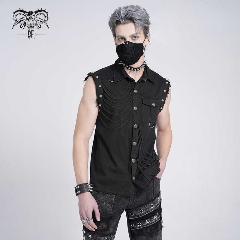 SHT007 club punk rock unedged sleeveless black men faded shirts with pocket