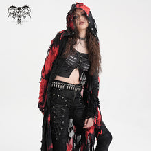 Load image into Gallery viewer, CT245 Black and Red women ragged Tie-dyed striped long-sleeved hooded long coat
