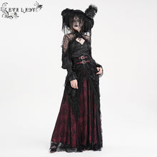 Load image into Gallery viewer, ESKT05002 Black and red Women High Waist Rose Embossed Velvet Tasseled Skirt
