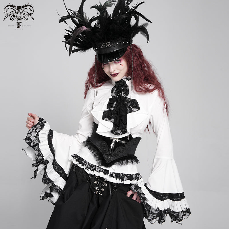 SHT00902 party gothic big flared sleeves bandage black and white color contrast women blouse with necktie