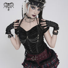 Load image into Gallery viewer, TT311 Punk-Style Halter-Neck Velvet-Knit &amp; Mesh Patchwork Short-Sleeve T-Shirt
