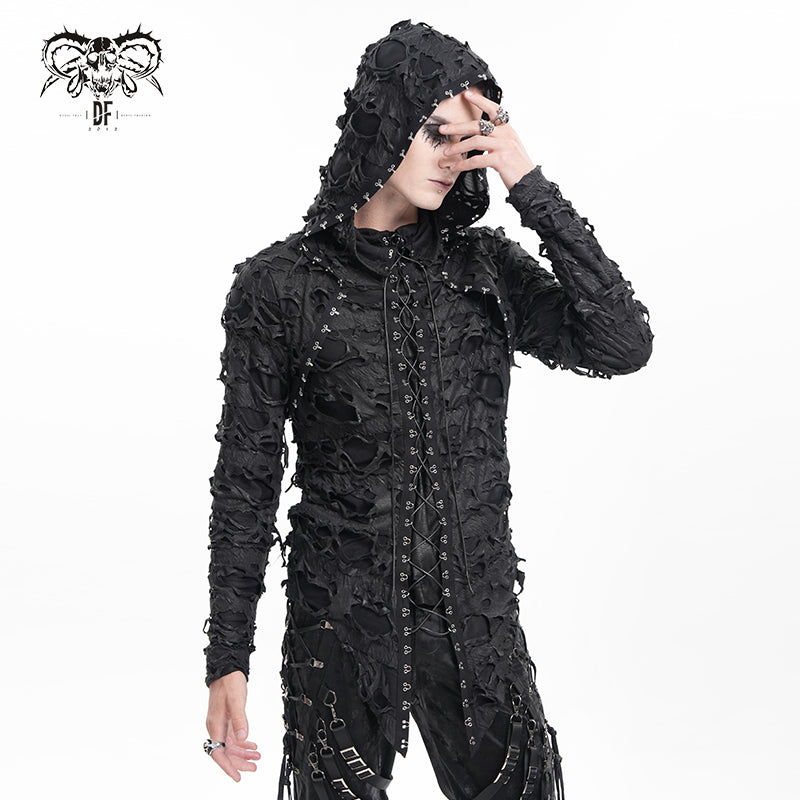 TT283 Punk hooded laminated ripped T-shirt