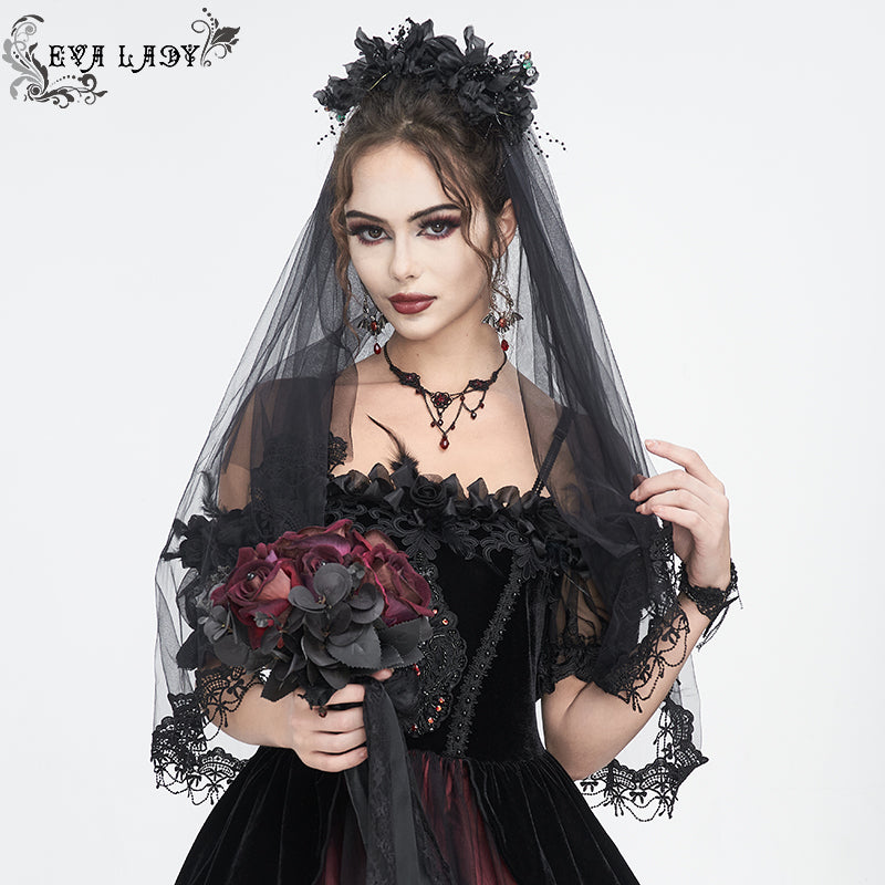 EAS016 Black beaded and diamond big flower veil