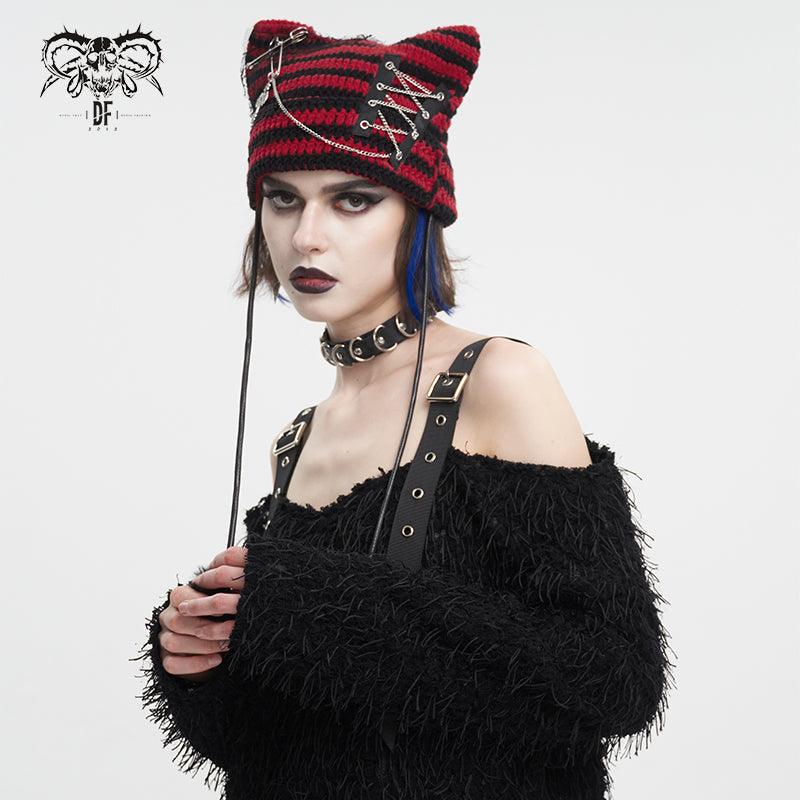 AS16502 black and red Punk woolen hat with pin and chain