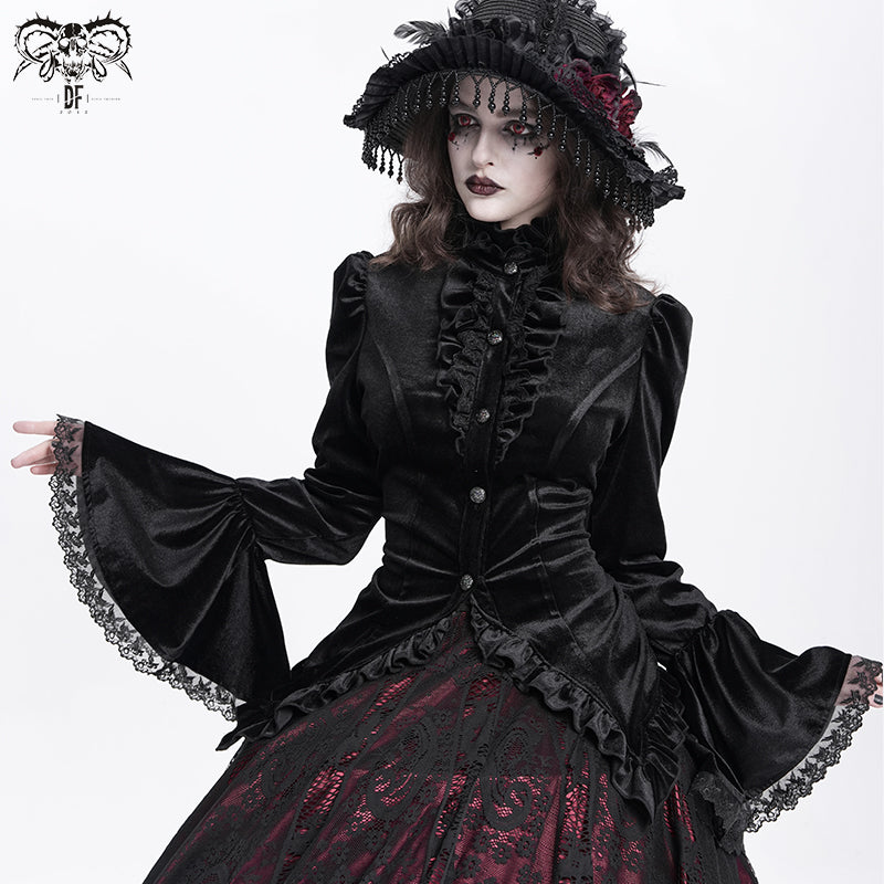 SHT14101 Black Women Glossy Velvet Swallowtail Shirts