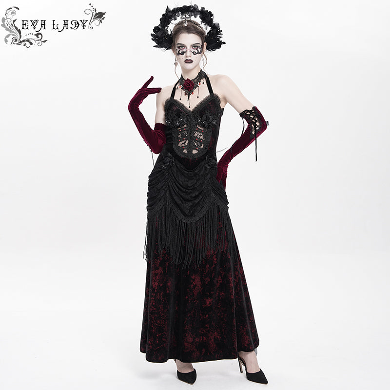 ESKT06502 Wine Gothic velvet dress with fur collar