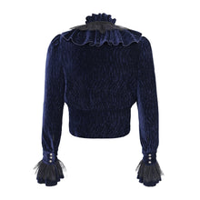 Load image into Gallery viewer, SHT13302 Blue Pleated velvet V-neck shirts
