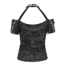 Load image into Gallery viewer, TT291 Ripped knitted halterneck off-shoulder punk T-shirt
