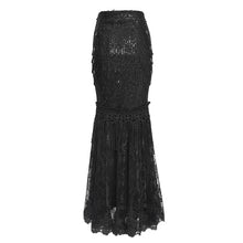 Load image into Gallery viewer, ESKT08001 Black Sequin-Embellished Mesh and Flocked Floral Mesh Fitted Fishtail Skirt
