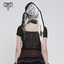 Load image into Gallery viewer, TT311 Punk-Style Halter-Neck Velvet-Knit &amp; Mesh Patchwork Short-Sleeve T-Shirt
