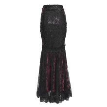 Load image into Gallery viewer, ESKT08002 Black and red Sequin-Embellished Mesh and Flocked Floral Mesh Fitted Fishtail Skirt
