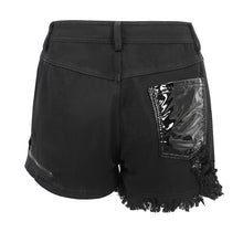 Load image into Gallery viewer, PT208 Denim and leather spliced asymmetric  shorts with chain
