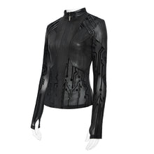Load image into Gallery viewer, TT319 Women's Punk T-Shirt with Flocked Circuit Board Print and Stand Collar
