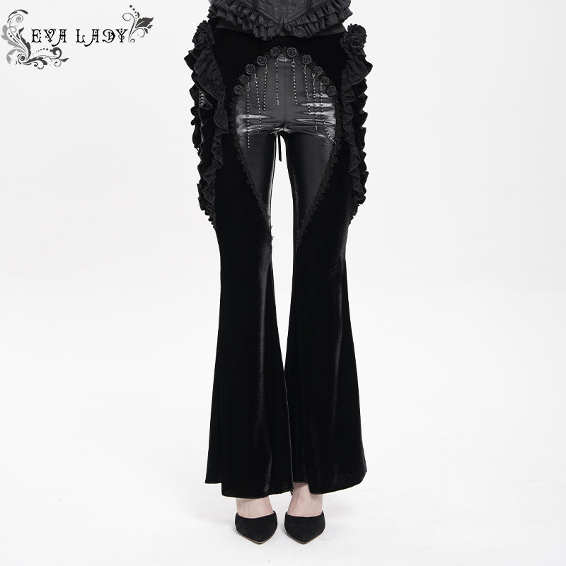 EPT02001 Velvet-knit flared trousers with side ruffles