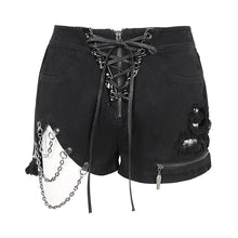 Load image into Gallery viewer, PT208 Denim and leather spliced asymmetric  shorts with chain
