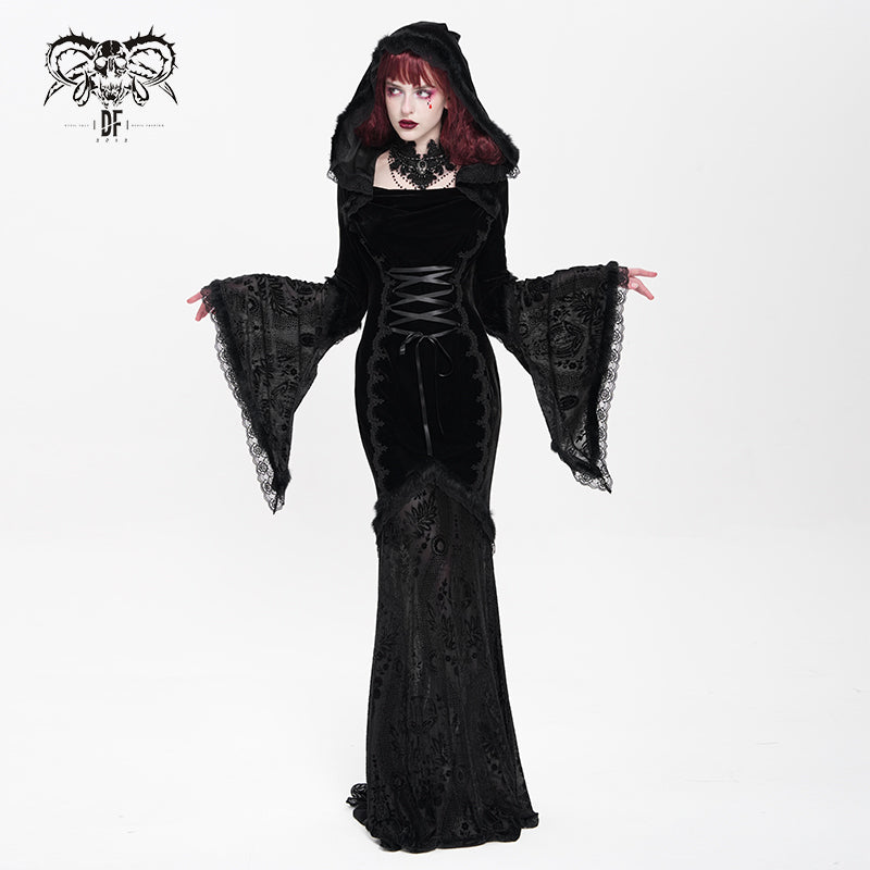 SKT24001 Black Long Trumpet Sleeve Gothic Fishtail Hooded Dress