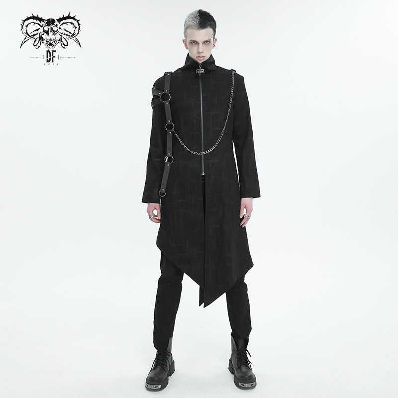 CT206 rubberized cross pattern leather shoulder loops asymmetrical men's long coat