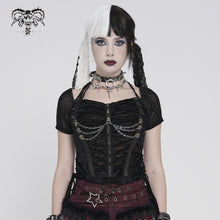 Load image into Gallery viewer, TT311 Punk-Style Halter-Neck Velvet-Knit &amp; Mesh Patchwork Short-Sleeve T-Shirt
