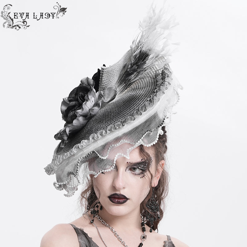 EAS02401 Grey and White Half-rimmed feather flower headband straw hat