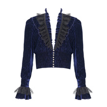 Load image into Gallery viewer, SHT13302 Blue Pleated velvet V-neck shirts

