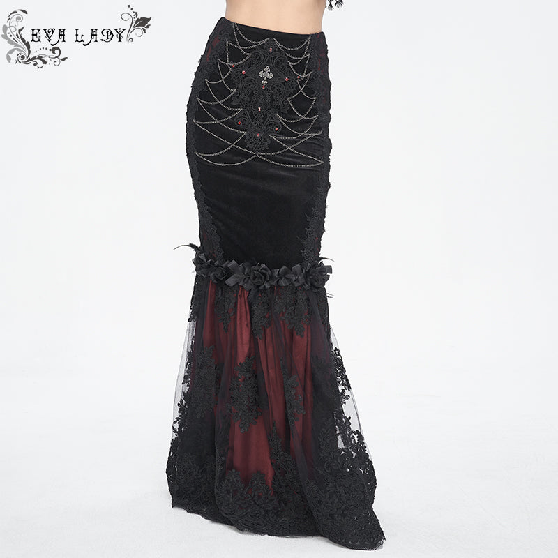 ESKT04402 Black and red Gothic high waist fishtail skirt