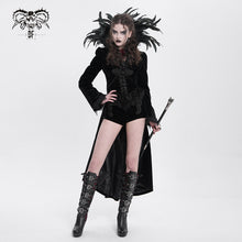 Load image into Gallery viewer, ECT004 Festival short front long back feather stand collar velveteen gothic women black long coat
