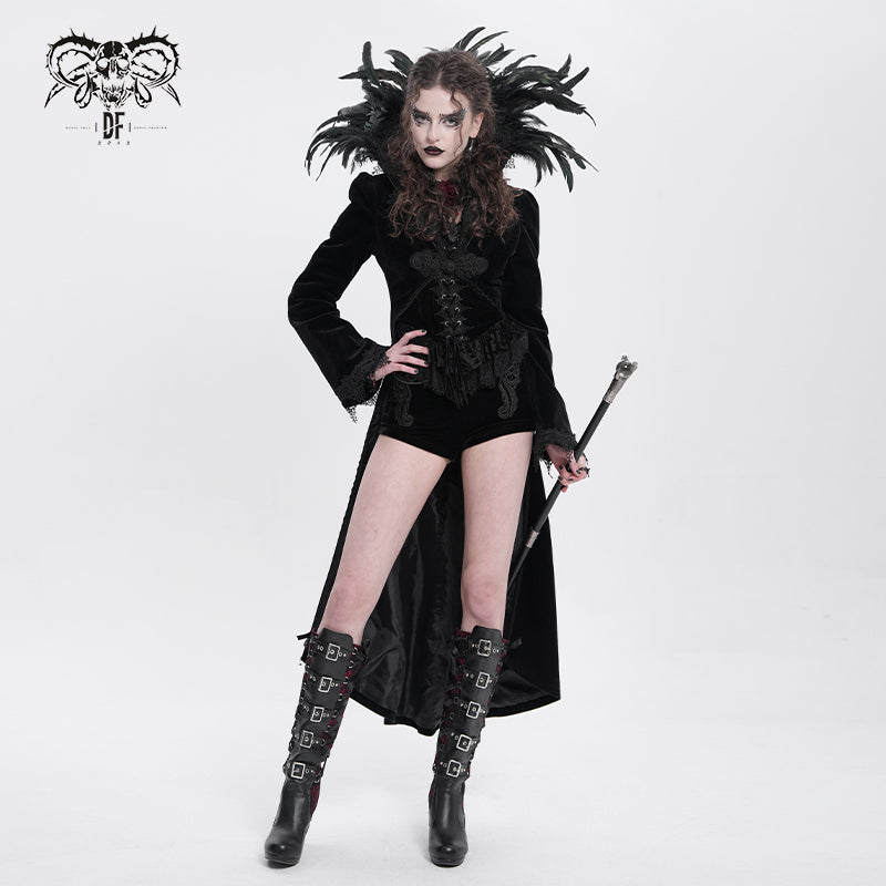 ECT004 Festival short front long back feather stand collar velveteen gothic women black long coat